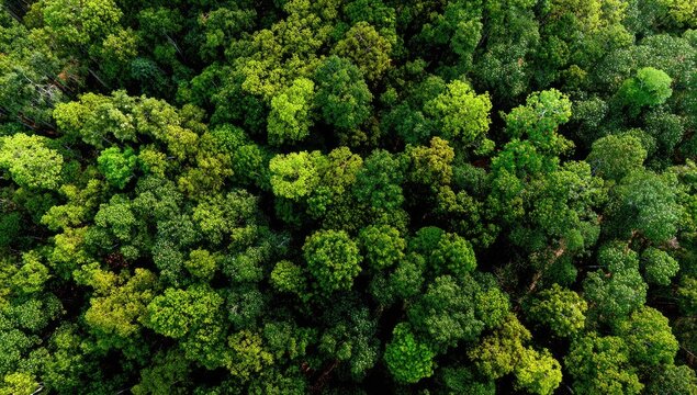 Aerial view of a lush green forest canopy, sunlight dappling the treetops, creating depth