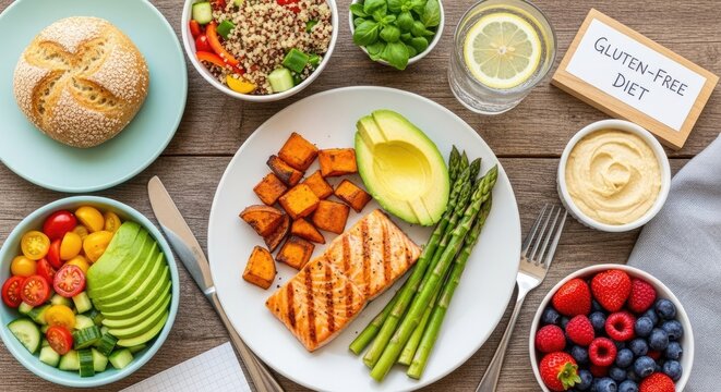 Overhead view of a balanced gluten free diet meal with grilled salmon, roasted sweet potatoes, fresh asparagus, colorful salads, berries, water, on a wooden table.