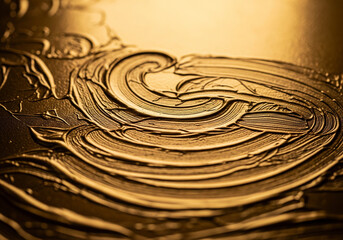 Abstract Golden Paint Texture with Swirling Strokes — Metallic Sheen and Layered Viscous Patterns on Flat Surface