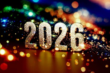 Happy New Year 2026 - Golden Glitter Numbers on a Festive Colorful Bokeh Lights Background
