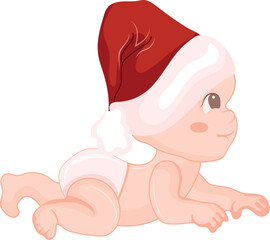 icon of a child lying on his stomach in a New Year's and Santa's hat and smiling, for New Year's and Christmas designs