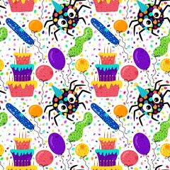 Obraz premium Birthday party seamless spider pattern for wrapping paper and fabrics and linens and kids clothes print