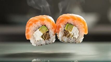Two Fresh Philadelphia Sushi Rolls Levitating in the Air.