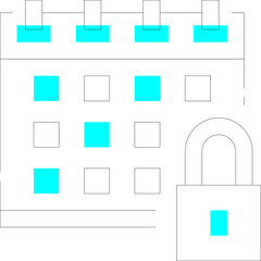 Abstract geometric design with cyan squares and black lines on a white background representing a calendar grid layout and archway structure