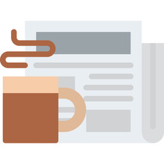 A steaming cup of coffee sits next to a folded newspaper on a transparent background representing a morning news report and beverage