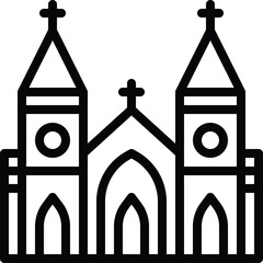 A Stylized Black and White Outline Icon of a Church Building with Two Towers and a Central Steeple on a Transparent Background