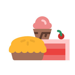 A Sweet Dessert Assortment Featuring A Golden Pie A Pink Layered Cake Slice And A Strawberry Ice Cream Cone Topped With A Red Cherry On A White Background