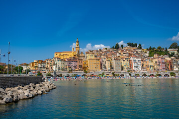 Fototapeta premium Menton, French Riviera, Côte d’Azur, France, Mediterranean, coastal town, colorful buildings, old town, harbor, seaside, beach, lemon trees, Belle Époque, travel destination, southern France, Mediterr