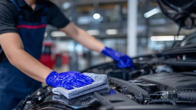 Expert engine compartment cleaning with a gloved hand meticulously wiping pulleys and belts, showcasing gleaming surfaces in an automotive repair setting.