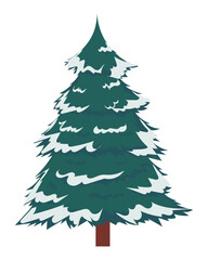 Minimalist flat illustration of a Christmas tree with snow on its green branches, ideal for winter holidays, celebration designs, greeting cards, and festive decoration themes.