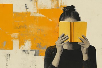 The picture collage showcases a faceless girl reading a literature page with her head cut out; she looks bored and upset, preparing for an exam at the university