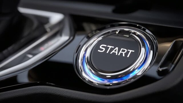 Close-up of a modern engine start button with reflective chrome trim and illuminated lettering on a sleek dark dashboard.