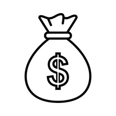 Simple black and white outline of a bag with a dollar sign