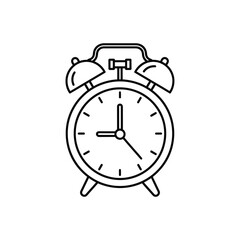 Simple black and white line drawing of a classic alarm clock face