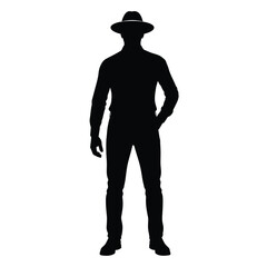 A lone figure wearing a hat and casual clothes a dark silhouette