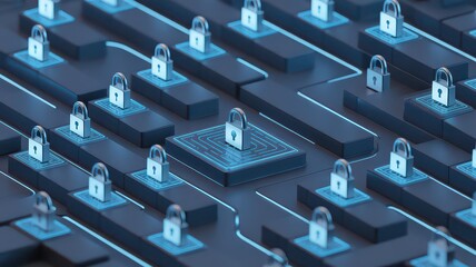 A network of padlocks connected by glowing lines representing data security and cybersecurity measures
