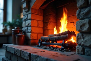 Cozy Fireplace Glow Warm Winter Ambiance, Decorative Stone Fireplace with Flickering Flames, Home Decor Imagery