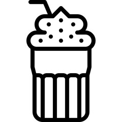 Black and white outline icon of a tall glass filled with a milkshake topped with whipped cream and sprinkles with a straw inserted into it a simple beverage illustration on a transparent background