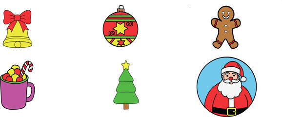 Colorful Christmas icons set with bell, ornament, gingerbread, cocoa, tree, and Santa – perfect for holiday graphic design projects. isolated on transparent background