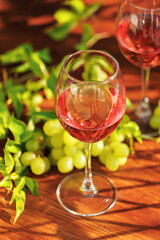 Two rose wine glasses with bunches of green grapes and foliage on a rustic wooden table in sunlight