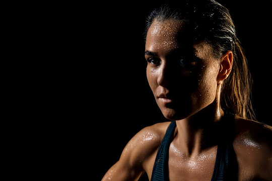 Fit Woman Resting After Intense Workout Sweating on Dark Background