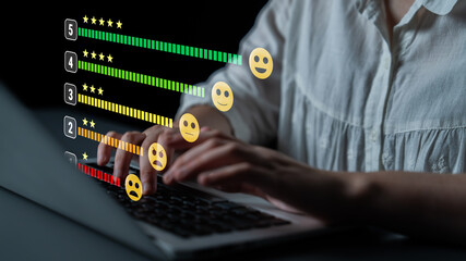 A customer satisfaction feedback and five star rating system. A concept for service review, product...