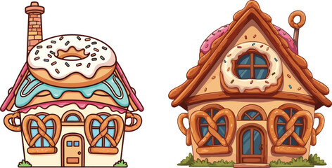 Dessert-themed cartoon houses, donut and gingerbread architecture, candy roof design, whimsical fantasy buildings, playful theme, white background, sweet storefronts