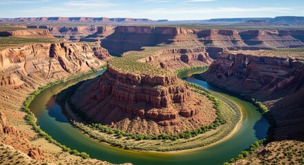 Majestic Horseshoe Bend Canyon with Emerald River Under a Clear Blue Sky