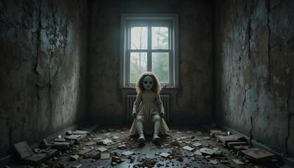 A creepy doll sits in a dilapidated room with a window in the background