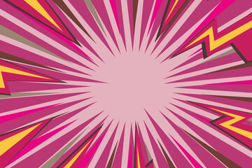 Pop art radial colorful comics book magazine cover. Striped color digital background with thunder flash. Cartoon funny retro pattern strip mock up. Vector halftone illustration. Sunburst shape.