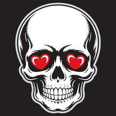 Obraz premium Black and White Halloween Skull with Red Heart Eyes on Dark Background – Edgy Pop Art Design