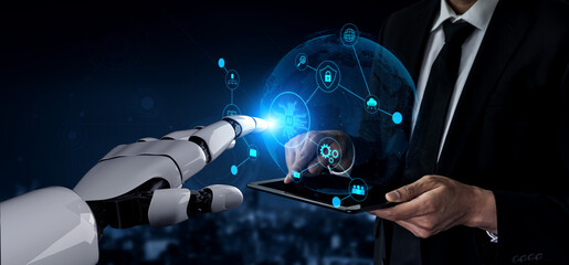 Fototapeta premium AI powers intelligent networks by linking data, enhancing real-time analytics, securing communication, and improving system efficiency and automation. Vouch
