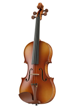 Classical violin isolated PNG on transparent background, wooden string instrument with warm amber varnish and ebony fittings