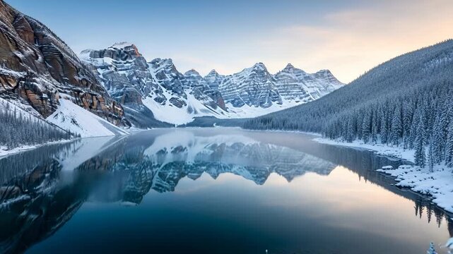 Serene winter landscape with snowcapped mountains and reflective lake
