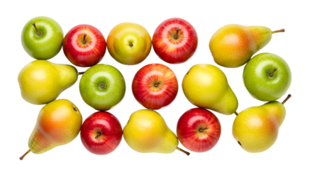 A vibrant and fresh assortment of ripe apples and juicy pears, artfully arranged on a clean white background, showcasing a delightful harvest
