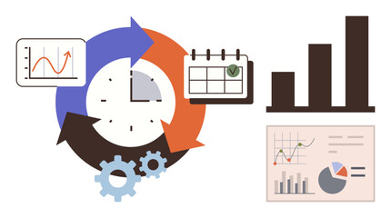 Circular timeline with gears, a clock, bar and line graphs, and a calendar highlighting organization, productivity, and analysis. Ideal for workflow, planning, and progress in a flat metaphor