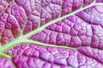 Fototapeta premium Macro shot of pink leaf with detailed vein structure. Close-up of plant surface with intricate network pattern revealing organic architecture with copy space.