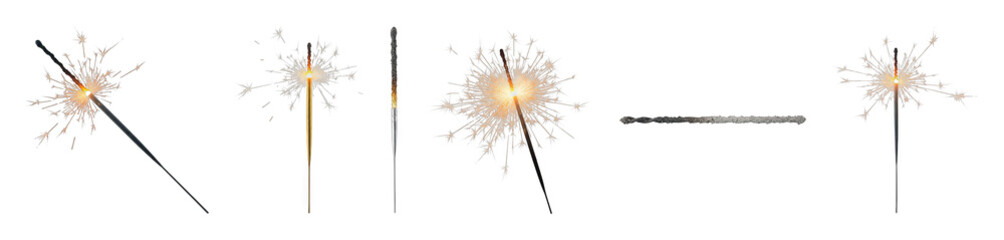 Fototapeta premium Sparkler set including active, burning, glowing, and burnt elements isolated. Festive celebration, holiday, and party assets.