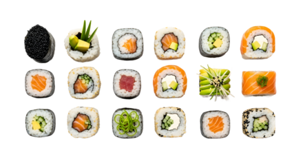 Sushi Assortment, Rolls, White Background, Food, Clean Light, Top View, Seamless PNG Loop, digital stylus pen hovering and spinning slightly above white surface