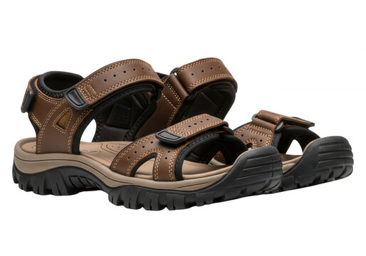Men&rsquo;s brown hiking sandals with rugged soles and velcro straps, isolated PNG on transparent background