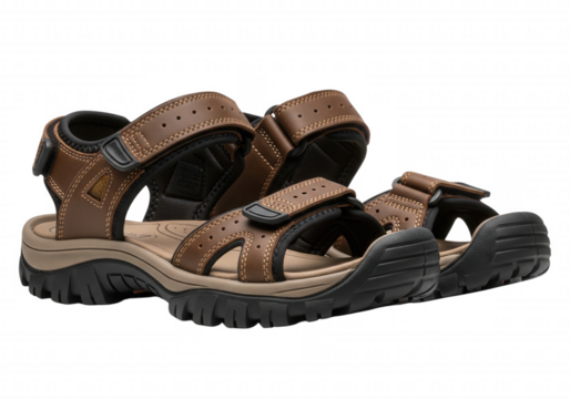 Men’s brown hiking sandals with rugged soles and velcro straps, isolated PNG on transparent background