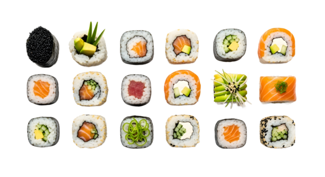Sushi Assortment, Rolls, White Background, Food, Clean Light, Top View, Seamless PNG Loop, digital stylus pen hovering and spinning slightly above white surface