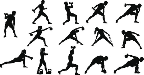 Fitness workout poses, gym exercise silhouettes, resistance training, dumbbell, kettlebell, stretching, strength movement, healthy lifestyle, flat vector illustration
