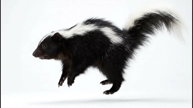A skunk with a fluffy tail stands on a white background.