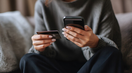 Woman using phone and card for online purchase. Easy shopping and e-commerce convenience at home on a cozy sofa.