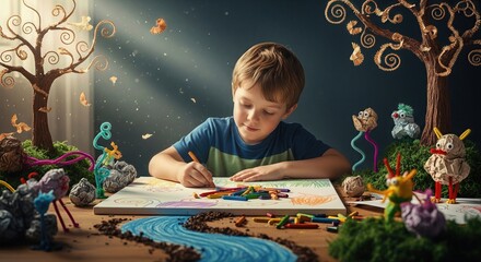 Autistic young boy drawing wondrous world, his creative mind showing intense focus. He crafts a vibrant river scene using colorful crayons, surrounded by imaginative handmade creatures
