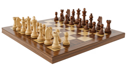 Wooden chessboard with pieces mid-game – PNG with transparent background, isolated strategy board game clipart