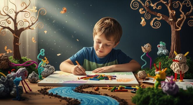Autistic young boy drawing wondrous world, his creative mind showing intense focus. He crafts a vibrant river scene using colorful crayons, surrounded by imaginative handmade creatures