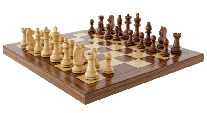 Wooden chessboard with pieces mid-game – PNG with transparent background, isolated strategy board game clipart