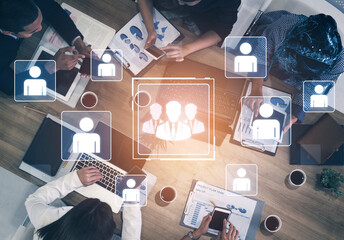 Concept of human resources and organizational structure. A professional team is shown within a corporate network, representing management, leadership, and collaboration. Fermion